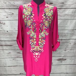 Luna Moon Hot Pink Boho Tunic Floral Embroidered